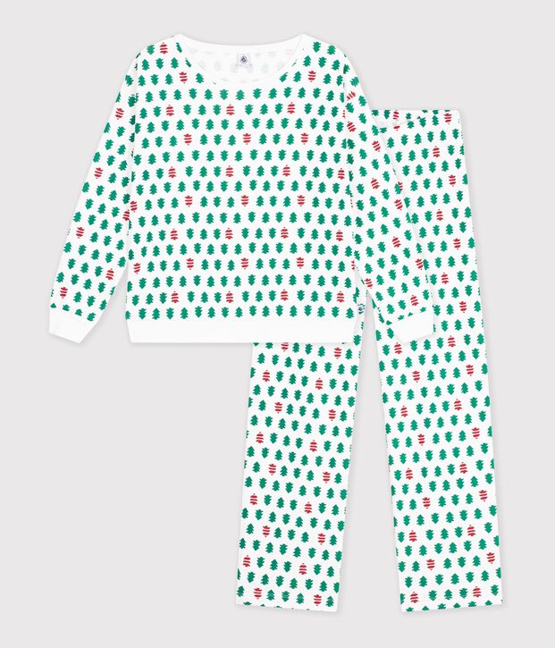 Damen-Pyjama aus Baumwolle mit Tannenbaum-Motiv weiss/vielfarbig