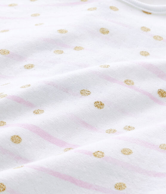 Gestreifter Baby-Mädchen-Strampler aus gedoppeltem Jersey weiss ECUME/rosa ROSE/ OR
