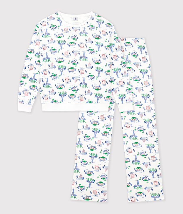 Damen-Pyjama aus Baumwolle mit Paris-Motiv weiss/vielfarbig