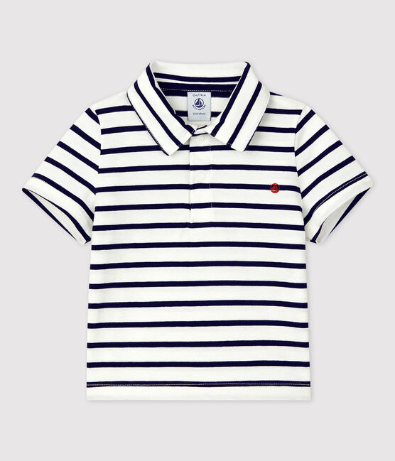 Kurzärmeliges Baby-Poloshirt aus gestreiftem Jersey weiss MARSHMALLOW/blau SMOKING