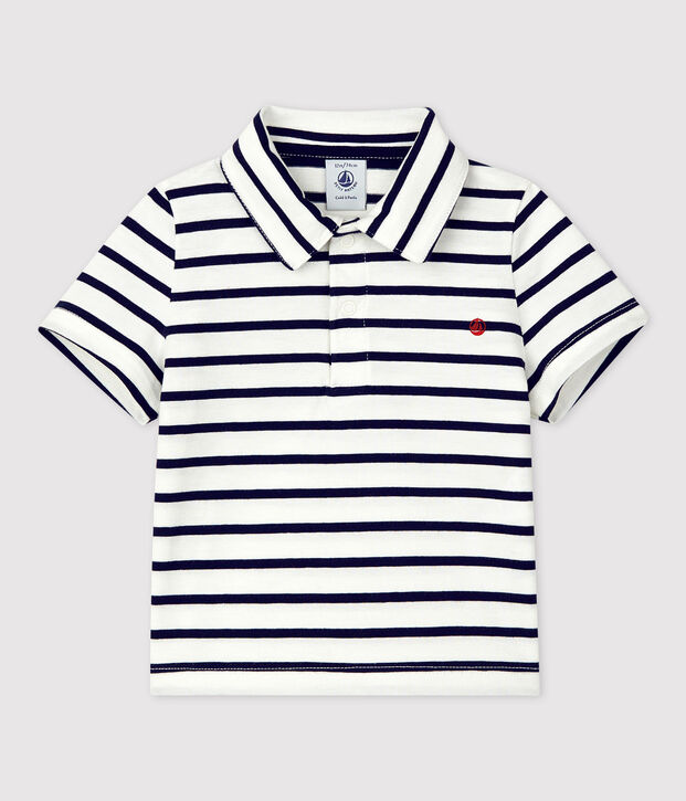 Kurz&auml;rmeliges Baby-Poloshirt aus gestreiftem Jersey weiss/blau