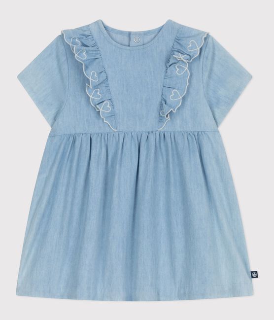Kurzärmeliges Baby-Kleid aus Chambray mit Herz-Stickereien blau BLEU CLAIR