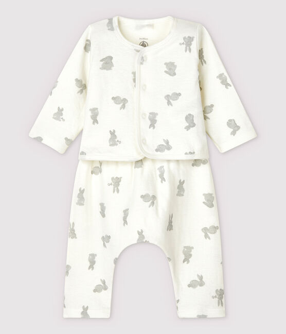 Zweiteiliges Baby-Set aus Doppeljersey aus Bio-Baumwolle mit Kaninchen-Motiv weiss MARSHMALLOW/grau GRIS