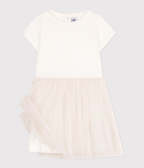 Kurzärmeliges Kinder-Kleid aus Baumwolle und Tüll weiss MARSHMALLOW/rosa COPPER