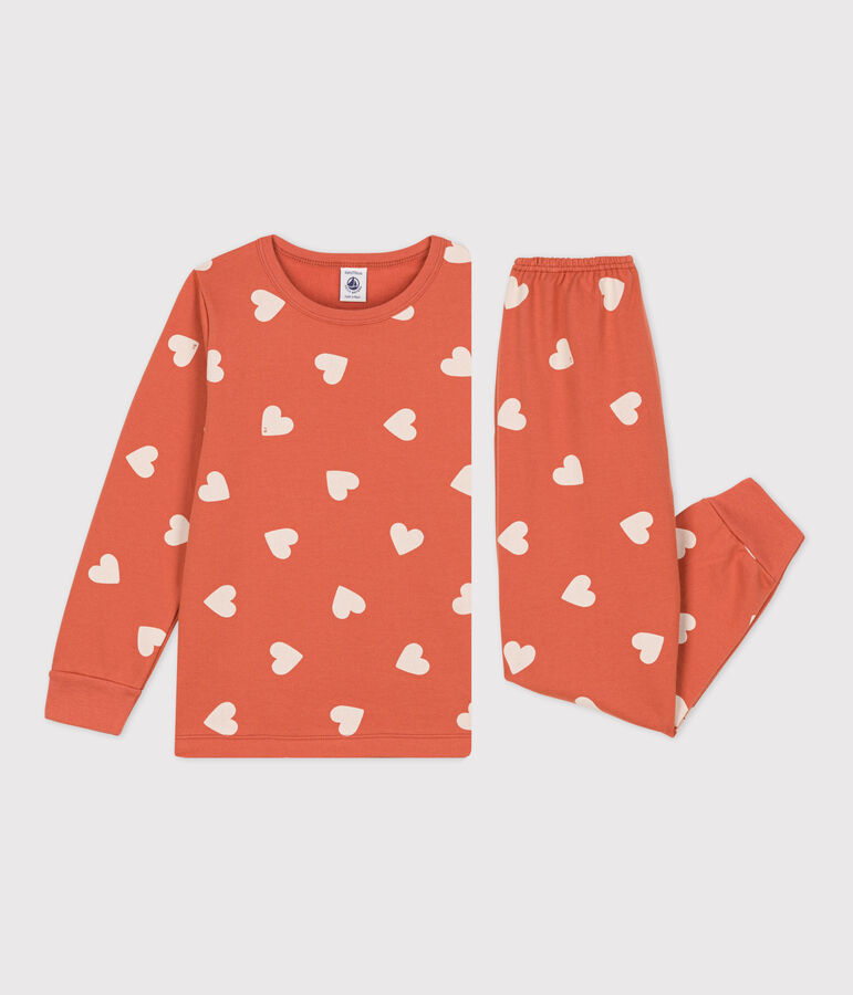 Kinderpyjama aus Molton mit Herzmuster f&uuml;r M&auml;dchen rosa/naturfarben