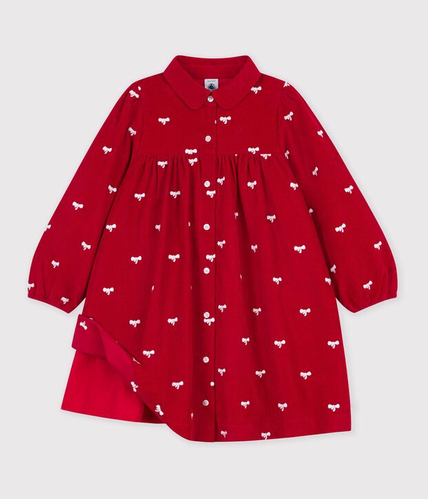 Lang&auml;rmeliges Kinder-Kleid aus Feincord mit Schleifenmotiv rot/naturfarben