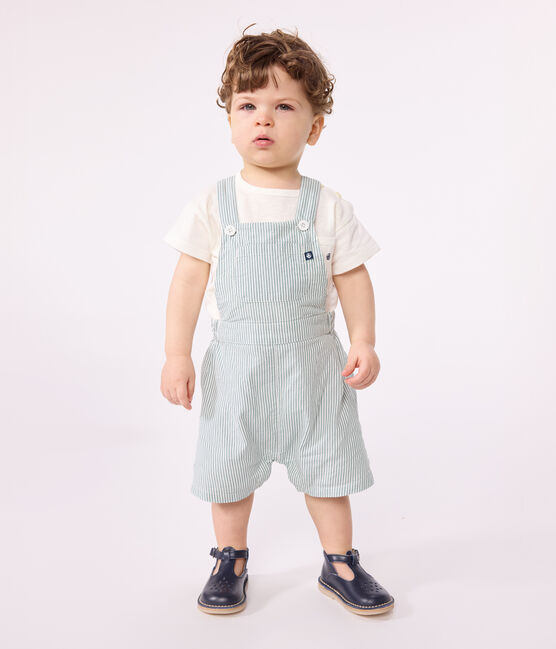 Kurzbeinige Baby-Latzhose aus Baumwolle mit Streifen weiss MARSHMALLOW/blau BRUT