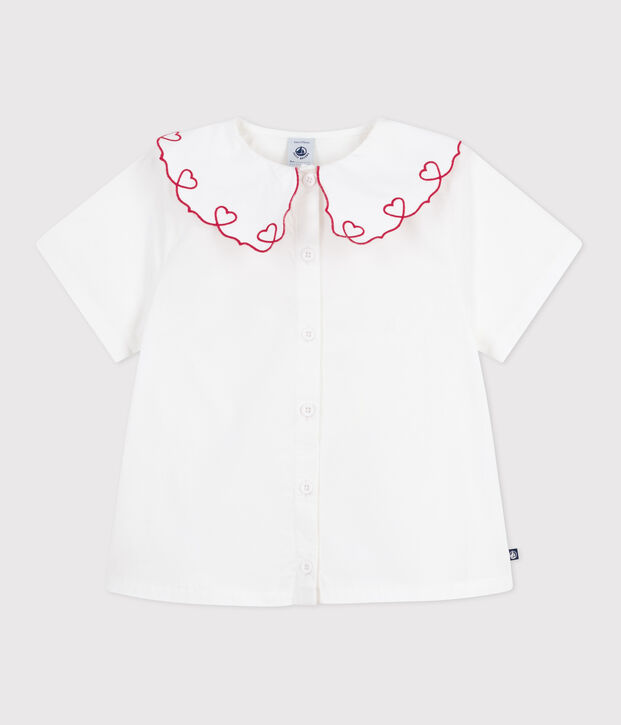 Kurz&auml;rmelige Kinder-Bluse aus einfarbigem Baumwoll-Popeline weiss