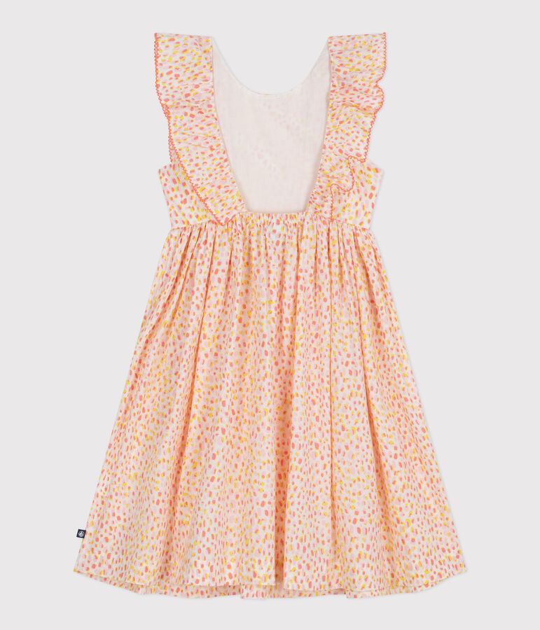 &Auml;rmelloses Kinder-Kleid mit freiem R&uuml;cken aus gemusterter Baumwolle weiss/vielfarbig