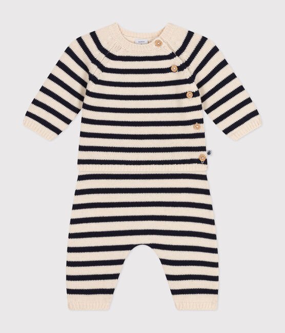 Baby-Set aus Woll- und Baumwoll-Strick mit Marinestreifen weiss AVALANCHE/blau SMOKING