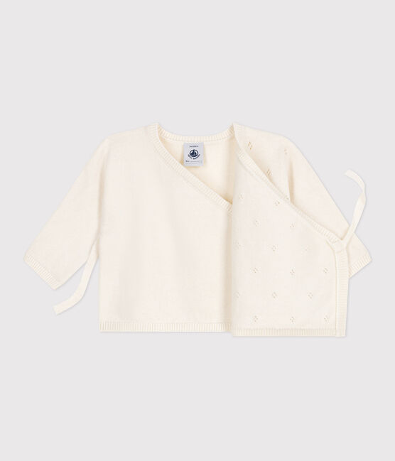 Baby-Wickeljacke aus Woll- und Baumwollstrick mit Lochmuster weiss MARSHMALLOW