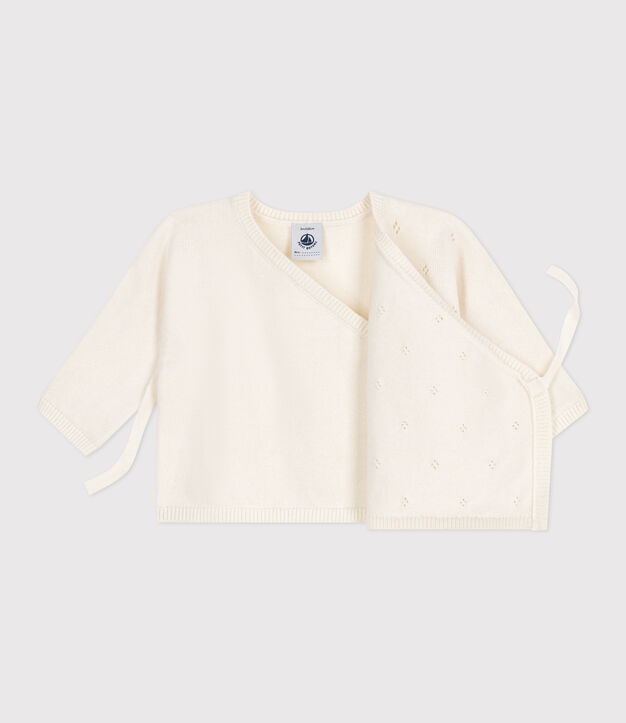 Baby-Wickeljacke aus Woll- und Baumwollstrick mit Lochmuster weiss