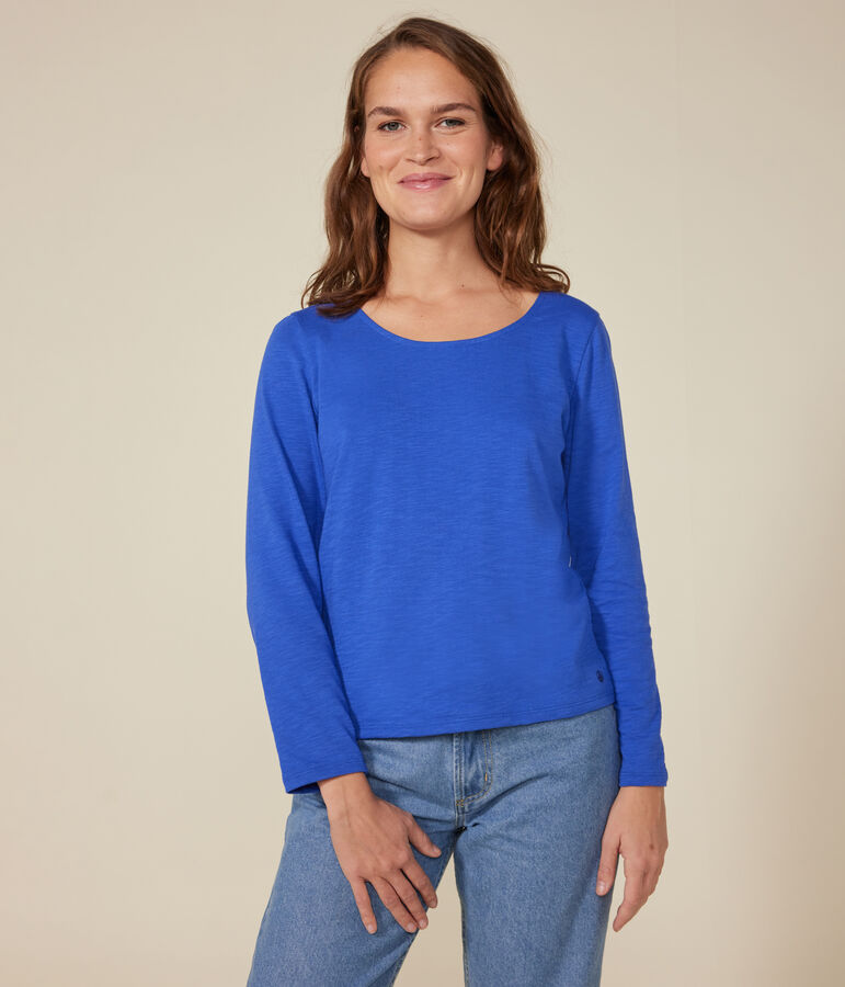 Lang&auml;rmeliges Damen-T-Shirt Le Droit mit weitem Ausschnitt aus geflammten Jersey blau
