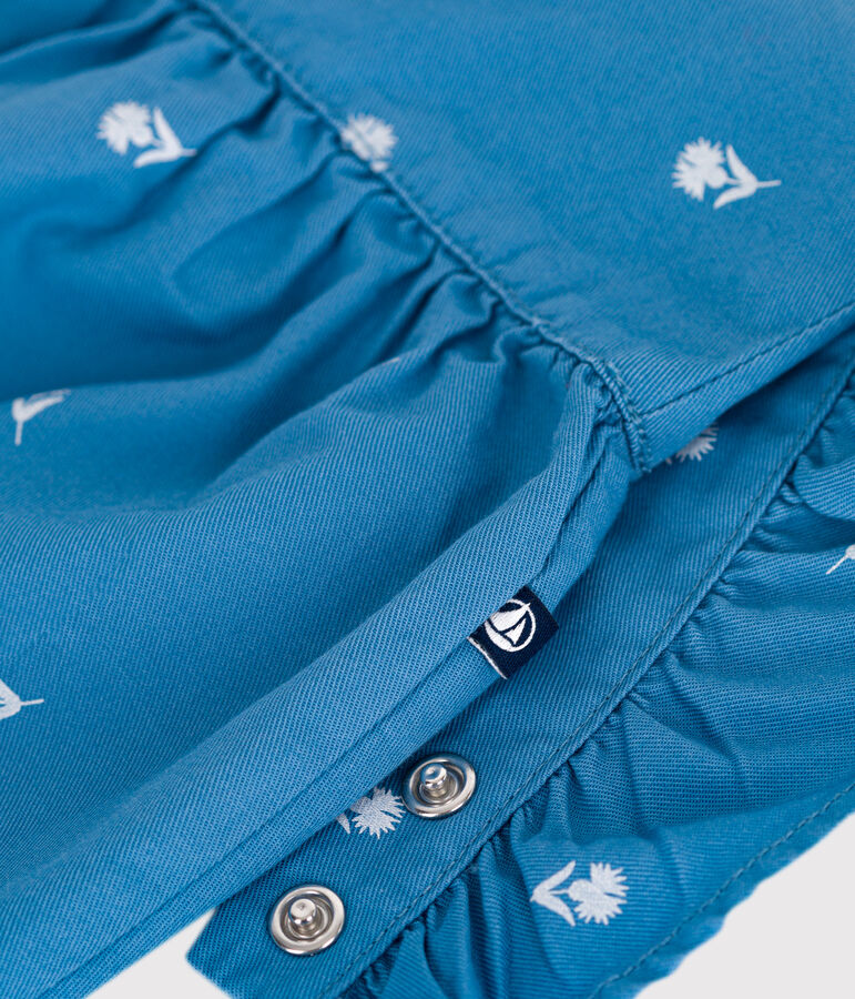 Langbeinige Baby-Latzhose aus Baumwolle mit bestickten Blumen blau/weiss