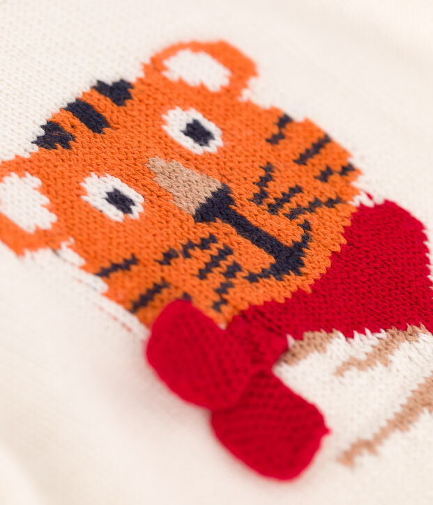 Baby-Pullover aus Wollstrick und Baumwolle. weiss/vielfarbig