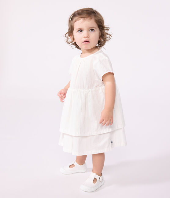 Kurzärmeliges Baby-Kleid für festliche Anlässe aus leichter Baumwolle weiss ECUME/ ARGENT