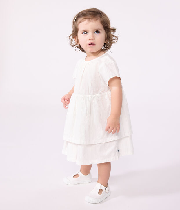 Kurz&auml;rmeliges Baby-Kleid f&uuml;r festliche Anl&auml;sse aus leichter Baumwolle weiss/grau