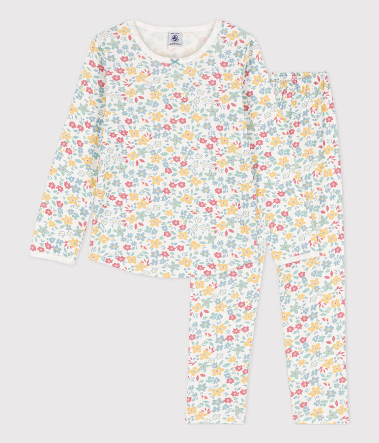 Kinderpyjama aus Baumwolle mit Blumenmotiv f&uuml;r M&auml;dchen weiss/vielfarbig