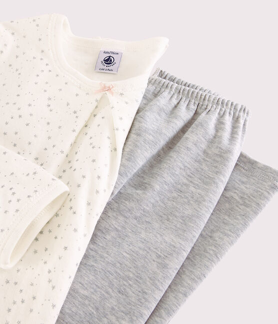 Sternen-Nachthemd und Leggings aus Doppeljersey für Mädchen weiss MARSHMALLOW/grau ARGENT