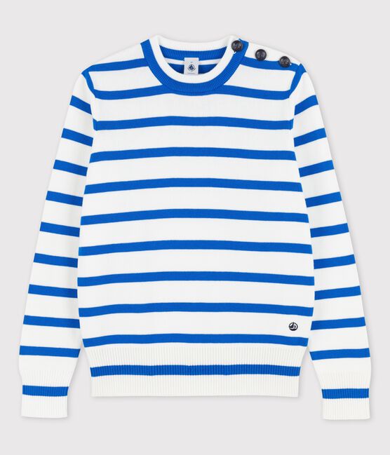 Marinepullover aus Baumwolle für Damen weiss MARSHMALLOW/blau DELFT