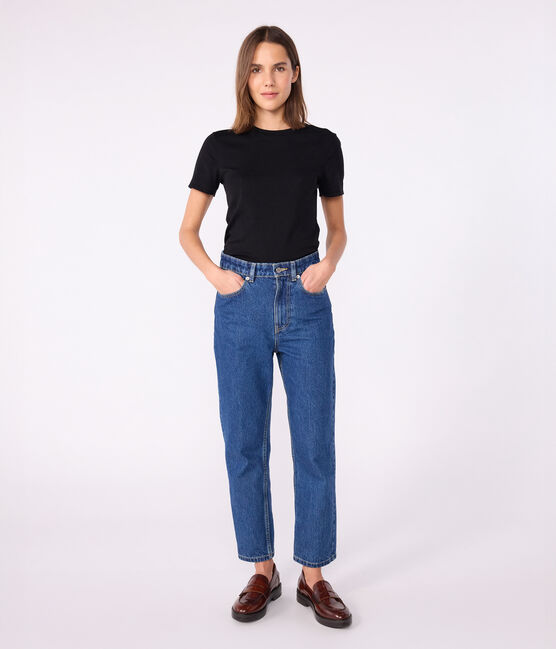 Kurzärmeliges Damen-T-Shirt L'ICONIQUE aus einfarbigem Rippstrick schwarz BLACK