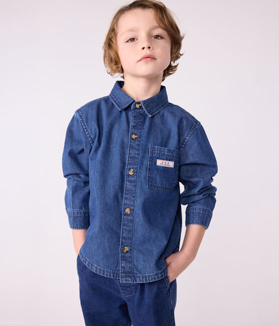 Kinder-Hemd aus einfarbigem Jeansstoff blau DENIM MOYEN