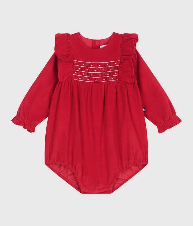 Baby-Kurzoverall aus Fein-Cord mit Raffungen und R&uuml;schen rot