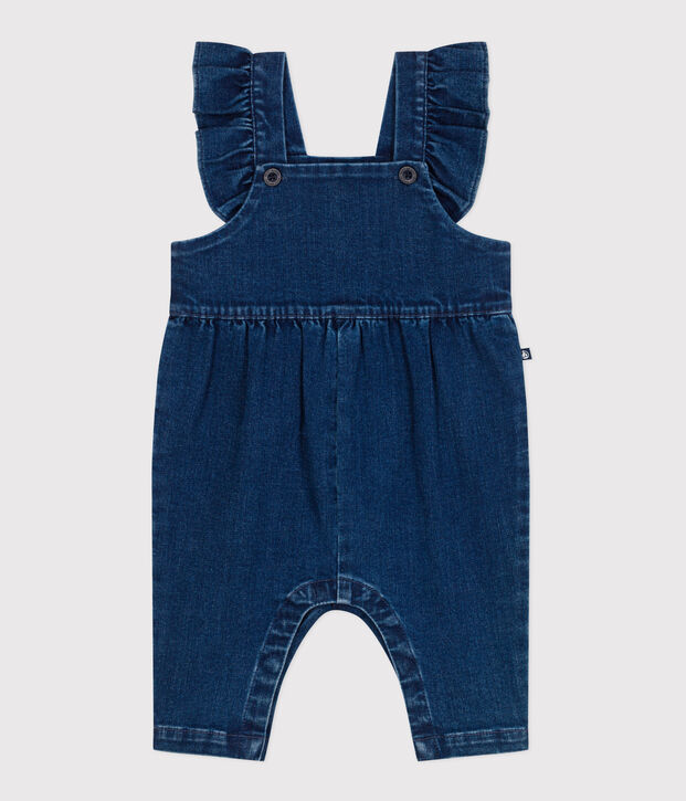 Langbeinige Baby-Latzhose mit Volants aus Jeansstoff mit Elastan. blau