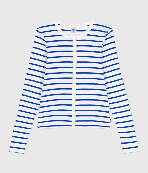 Damen-Cardigan aus einfarbiger Baumwolle weiss/blau