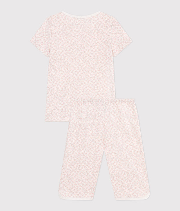 Kinder Capri-Pyjama aus Baumwolle mit Blumenmuster weiss/rosa