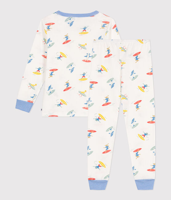 Langärmeliger Kinder-Pyjama aus Baumwolle mit Surf-Motiven weiss MARSHMALLOW/weiss MULTICO