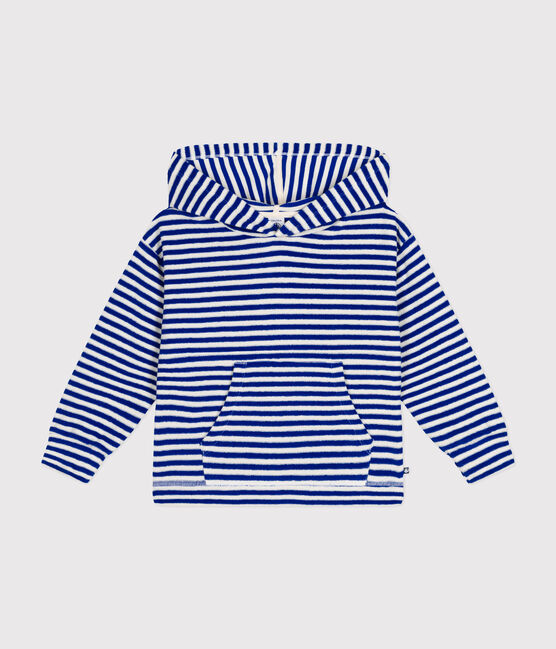 Gestreiftes Kinder-Sweatshirt mit Kapuze aus Bouclé-Frottee blau SURF/ AVALANCHE