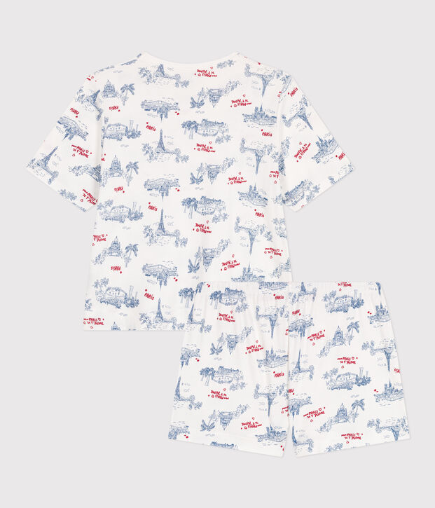 Damen-Kurzpyjama aus Baumwolle mit Paris-Motiv weiss/vielfarbig