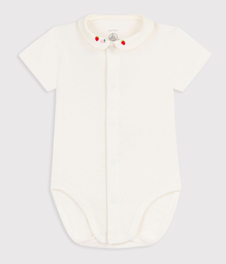 Kurz&auml;rmeliger Baby-Body aus Baumwolle mit Stickereien naturfarben/rosa