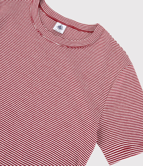 Klassisches Damen-T-Shirt mit Rundhalsausschnitt aus gestreifter Baumwolle rot SANGRIA/ MARSHMALLOW