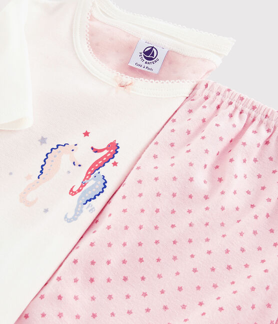 Kinder-Kurzpyjama aus Baumwolle mit Seepferdchenmotiv für Mädchen weiss MARSHMALLOW/rosa GRETEL