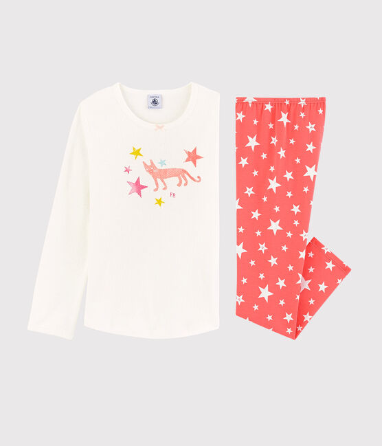 Kinderpyjama aus Baumwolle mit Sternen-Motiv für Mädchen weiss MARSHMALLOW/rosa PEACHY