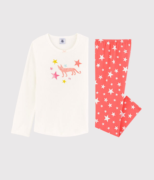 Kinderpyjama aus Baumwolle mit Sternen-Motiv f&uuml;r M&auml;dchen weiss/orange