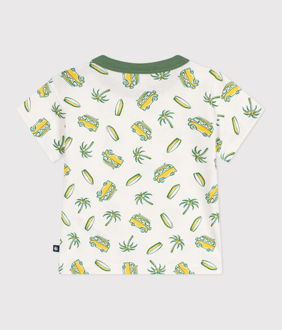 Kurzärmeliges Baby-T-Shirt aus Baumwolle mit Schiffchenmuster weiss MARSHMALLOW/ ORGE