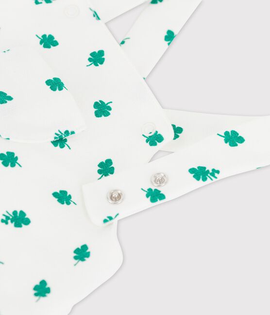 Kurze Baby-Latzhose aus leichtem Bio-Molton mit Pflanzenmuster weiss MARSHMALLOW/grün GAZON