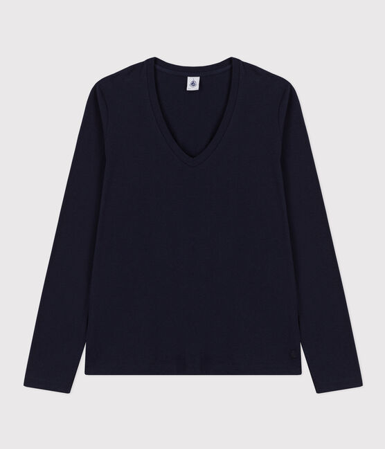 Damen-T-Shirt LE DROIT aus Baumwolle mit V-Ausschnitt blau SMOKING