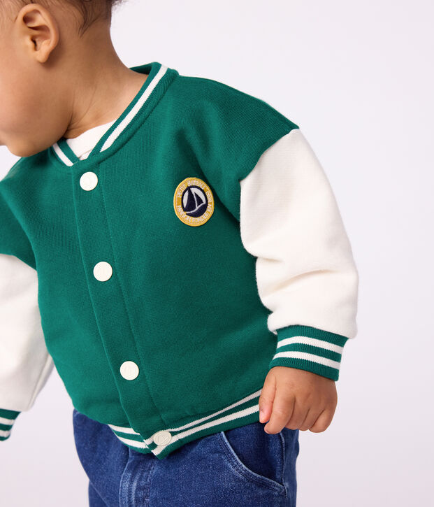Baby College-Jacke aus zweifarbiger Baumwolle gr&uuml;n/naturfarben