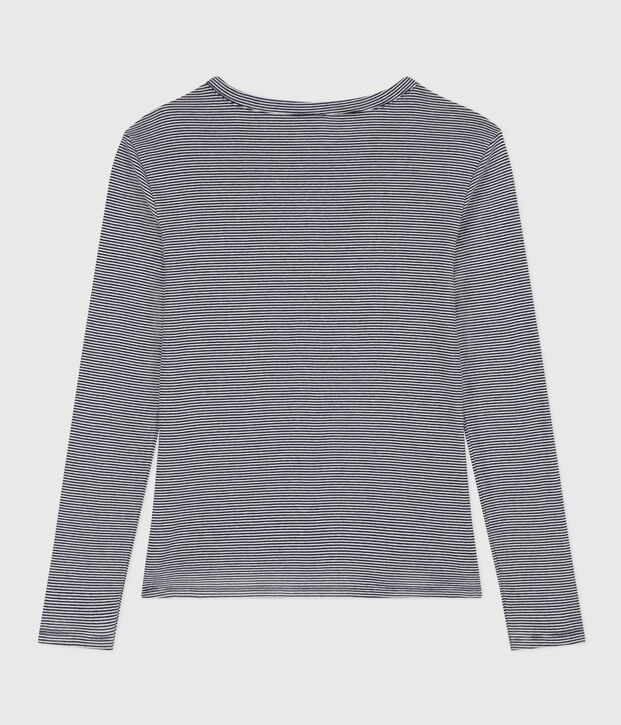 Lang&auml;rmeliges Damen-T-Shirt L'Iconique aus gestreiftem Rippstrick blau/weiss