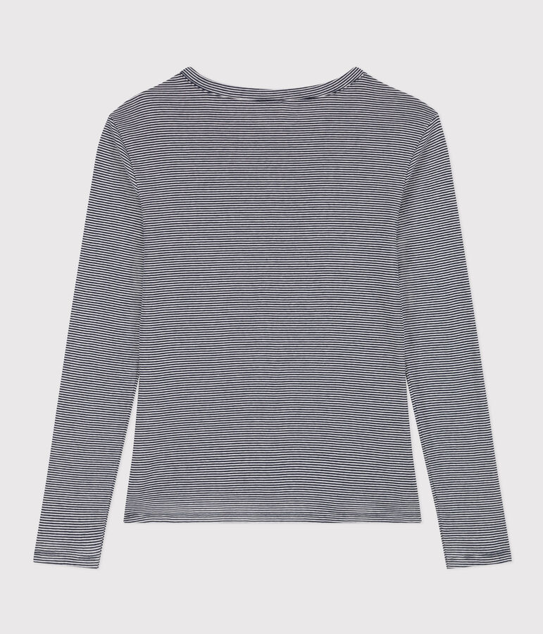 Lang&auml;rmeliges Damen-T-Shirt L'Iconique aus gestreiftem Rippstrick blau/weiss