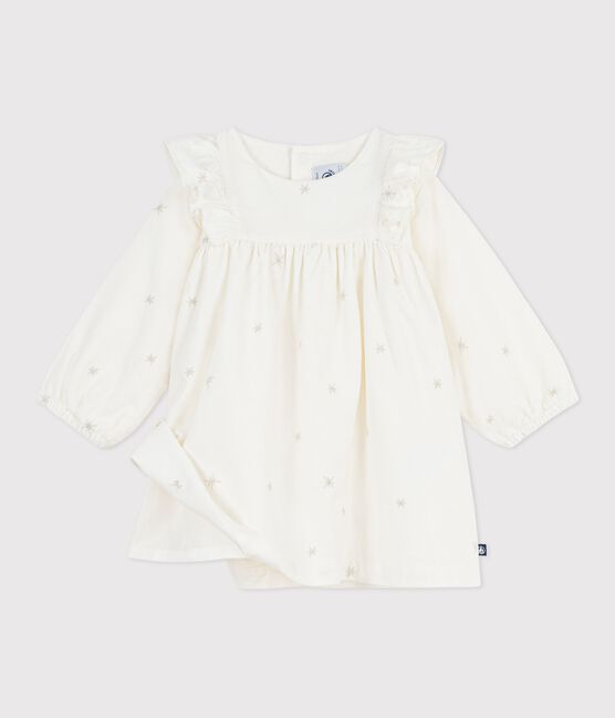 Langärmeliges Baby-Kleid aus Fein-Cord mit Allover-Stickereien naturfarben MILK/ ARGENT