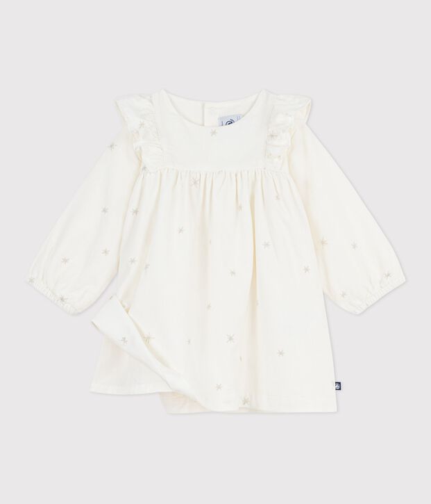 Lang&auml;rmeliges Baby-Kleid aus Fein-Cord mit Allover-Stickereien naturfarben/grau