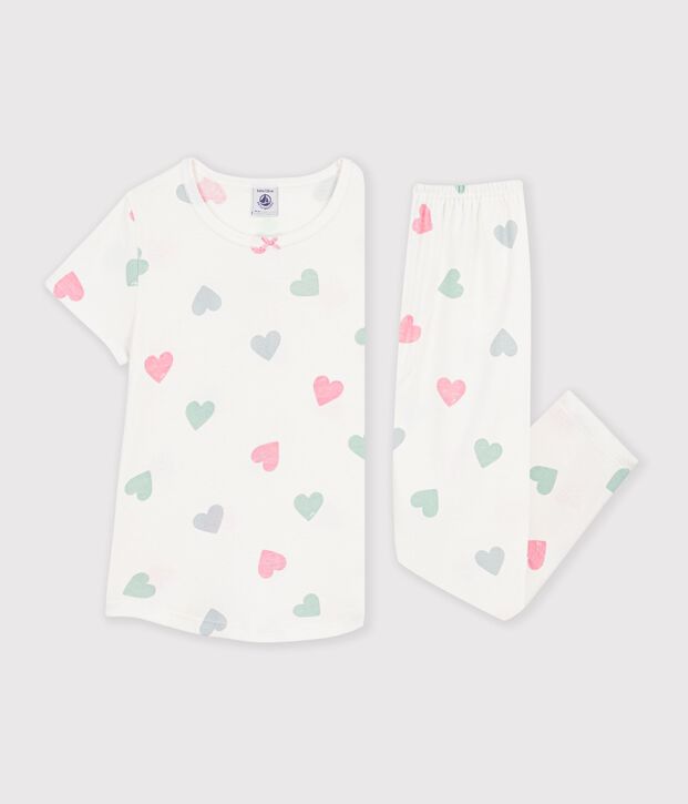 Kurz&auml;rmeliger Kinder-Pyjama mit langen Beinen aus bedruckter Baumwolle weiss/vielfarbig
