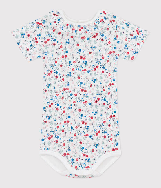 Kurzärmeliger Baby-Body aus Baumwolle mit Blumenmuster weiss MARSHMALLOW/weiss MULTICO