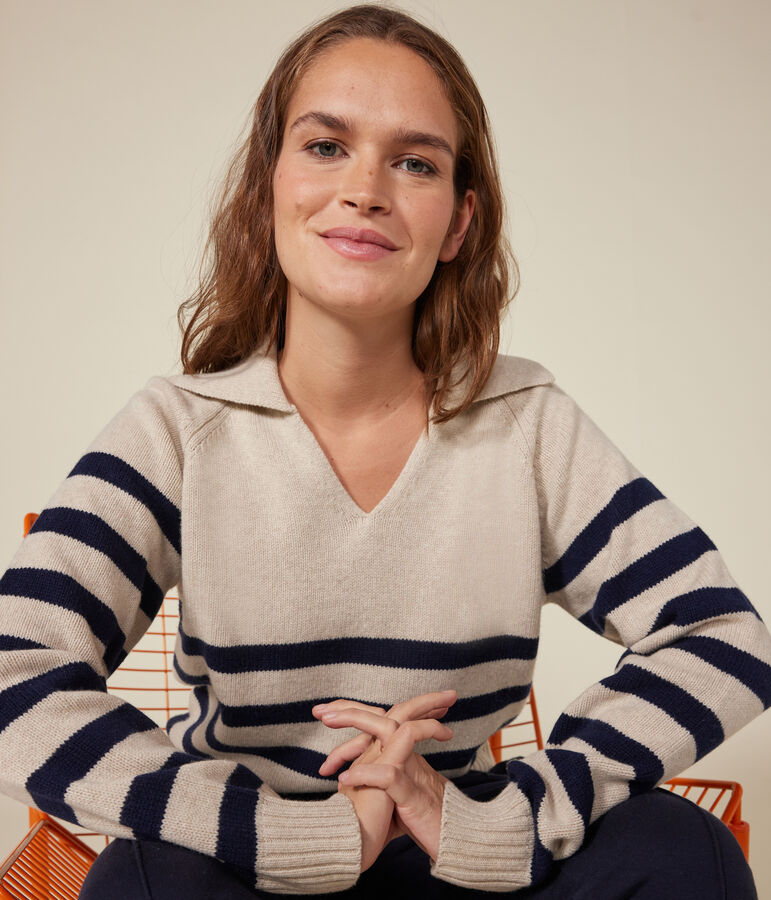 Damen-Pullover aus Wolle und Baumwolle weiss AVALANCHE/blau SMOKING