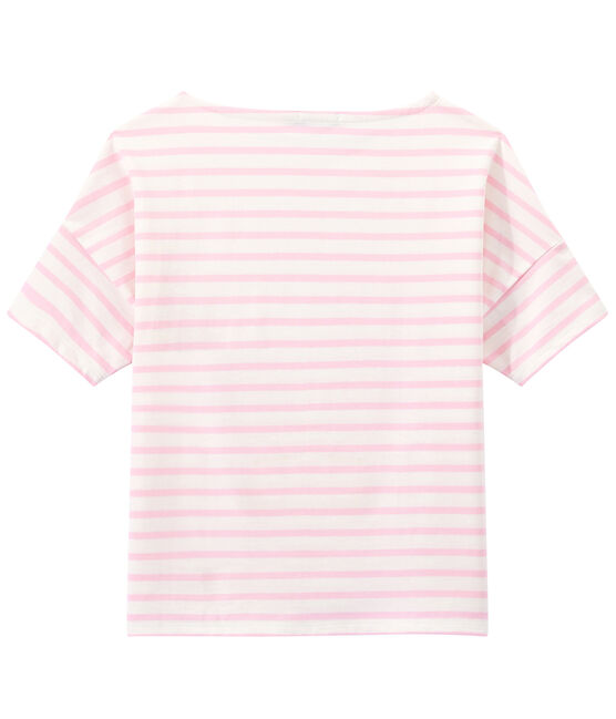 Kurzärmeliges Damen-Streifenshirt aus Jersey weiss MARSHMALLOW/rosa BABYLONE
